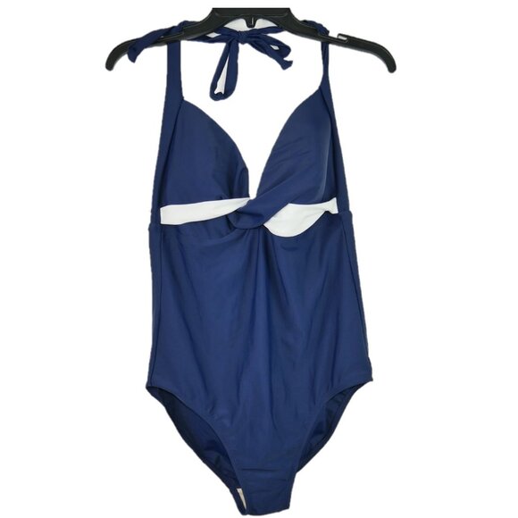 Merona One Piece Slimming Swimsuit Womens Size L Twist Bust Navy Blue White - Picture 1 of 7